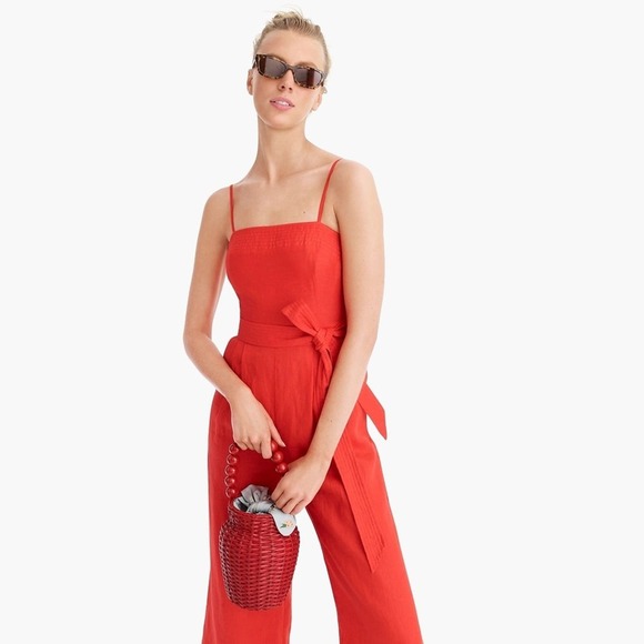 NWT J. Crew Tie-Waist Spaghetti Strap Linen Jumpsuit Bright Cerise Size 14 $128 - Picture 2 of 7